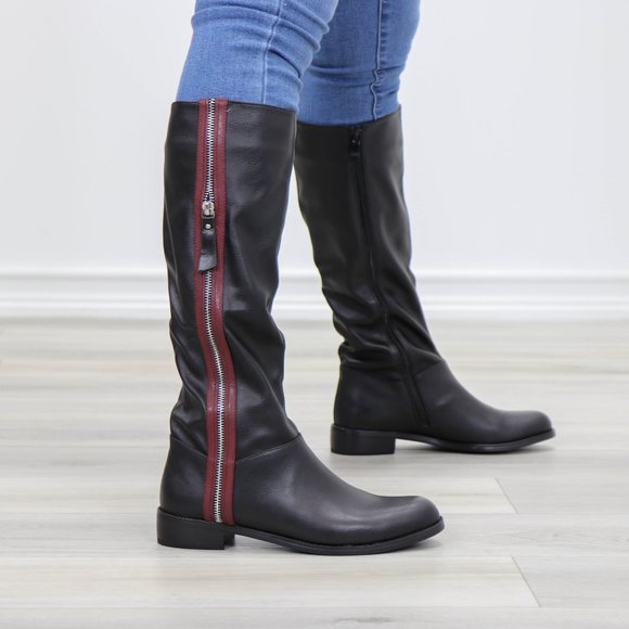 Black Below Knee Rider Boots Light Faux Fur Inside - Picture 7 of 12